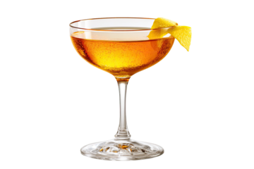 A golden cocktail in a coupe glass, garnished with a lemon twist