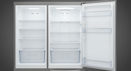 Open, empty, two-door fridge with bright white interior, clean shelves, and transparent drawers.