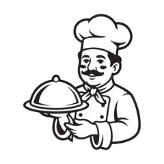 chef cartoon vector in uniform double breasted coat and neckerchief holding tray for restaurant branding menu and signs
