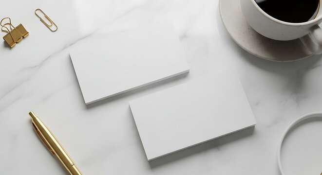 Two blank business cards on a marble surface, surrounded by office supplies and a coffee cup.
