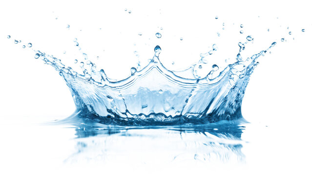 Dynamic blue water splash crown shape frozen in time against black background