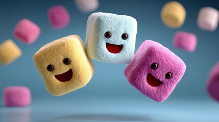 Three stuffed animals with big smiles on their faces are floating in the air. The scene is playful and lighthearted, with the colorful blocks representing the happy expressions of the characters