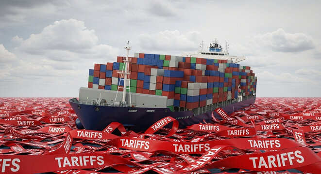 Container ship navigating through a sea of red ribbons labeled tariffs under a cloudy sky backdrop