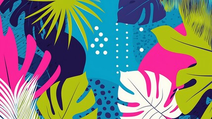Vibrant tropical illustration with monstera leaves and abstract shapes, a bold colorful design