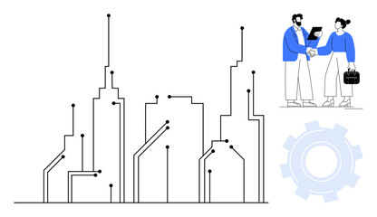 Abstract city skyline with digital circuit elements, two professionals shaking hands, and a cogwheel. Ideal for technology, innovation, teamwork, business growth, networking, urban development