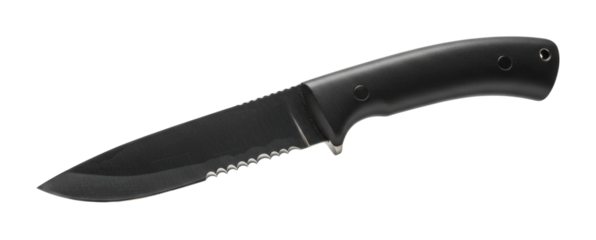 Black handled serrated hunting knife with stainless steel blade. Cut out PNG