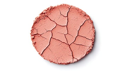 Naklejka premium A cracked circular blush powder in a soft pink hue, showcasing its textured surface and delicate color.