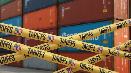Shipping containers with yellow tape displaying the word tariffs and american flags in the background