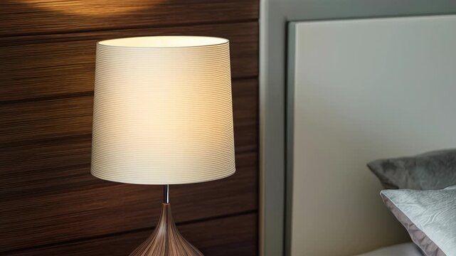 Peaceful bedroom corner featuring a bedside table and a warm-lit lamp