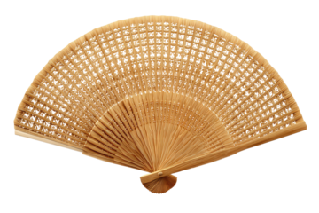 Open, light brown bamboo hand fan, intricate pattern