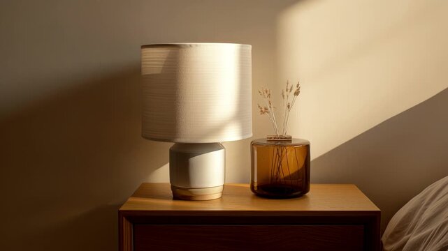 Nighttime ambiance with a bedside lamp casting a gentle glow over the furniture