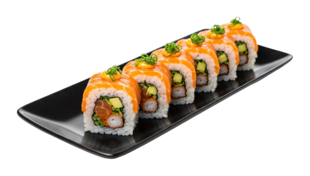 Delicious sushi rolls with salmon, avocado, and shrimp on black plate. Cut out PNG