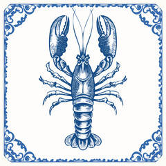 Detailed blue ink drawing of a lobster on a decorative square tile with ornate border.