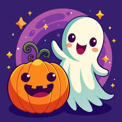 Cute ghost and jack o lantern friends celebrating halloween