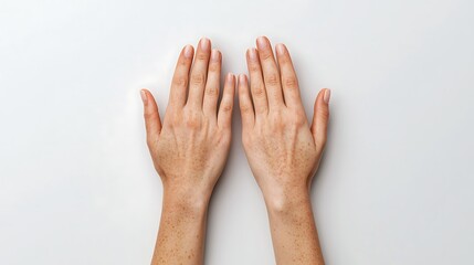 A pair of hands with visible freckles, positioned on a light background, showcasing natural skin texture and grooming.