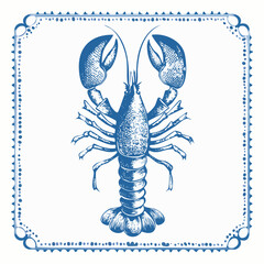 Detailed vintage illustration of a blue lobster with intricate details and a decorative border.