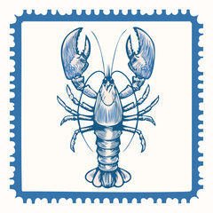 Detailed blue illustration of a lobster with prominent claws and intricate details.