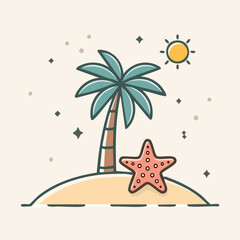 A vibrant cartoon illustration of a tropical island with a palm tree, starfish, and sun.