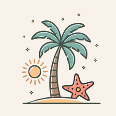 A vibrant illustration of a palm tree, sun, and starfish on a tropical island beach.