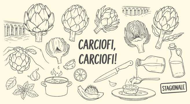Artichoke Icon Set. Hand drawn vector illustration of Italian artichokes and cooking. "Carciofi" doodle clipart of a classic Roman food ingredient. Restaurant menu graphic. Vegetable art.