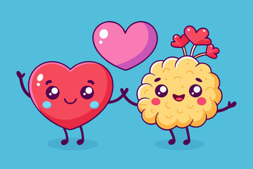 Cute cartoon heart and brain characters holding hands with a pink heart above