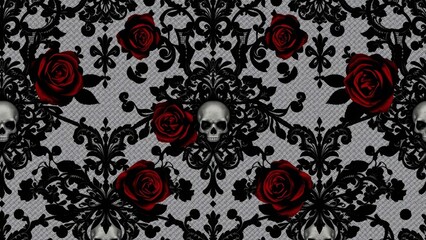 Dark Gothic Pattern with Skulls Red Roses and Ornate Black Lattice Design for Halloween or Alternative Themed Decoration