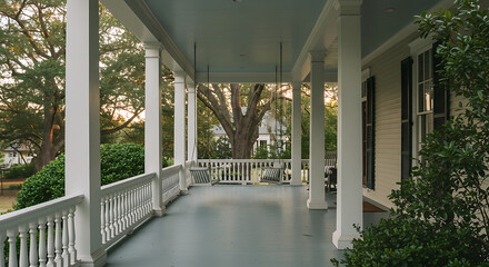 Obraz premium Inviting porch with swings and serene setting, epitomizing Southern comfort and hospitality.