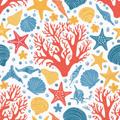 Vibrant and detailed illustration of a seamless ocean-themed pattern featuring various seashells, starfish, and coral elements.