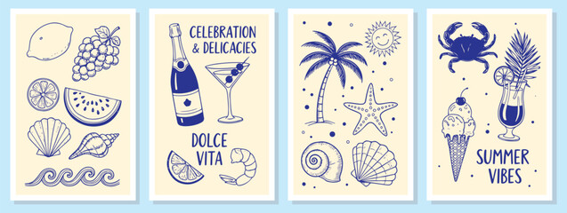 Summer Poster Set. Blue hand drawn vector illustration of beach, food, and drink elements. Doodle card clipart of a palm tree, crab, and cocktail for vacation and holiday design.