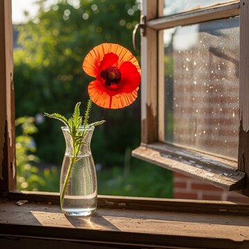 Orange flowers are being placed in a glass bottle and next to the window