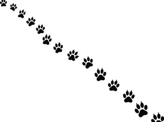 Black animal paw prints on white background, isolated paw trail, pet footprint pattern, diagonal walking path, minimalist animal track design