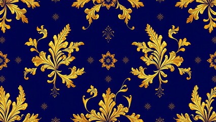 Elegant gold ornamental floral pattern on a deep navy blue background, intricate baroque-inspired design for luxury wallpapers, textiles, and decorative art projects