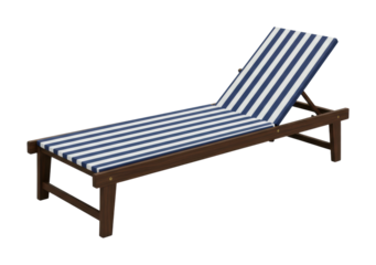 Wooden chaise lounge with blue and white stripes for outdoor relaxation. Cut out PNG