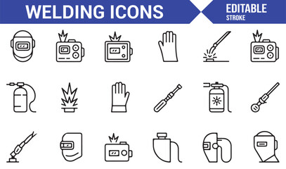 Set of Welding Equipment Icons - Helmets, Gloves, and Gas Tools for Metalworking