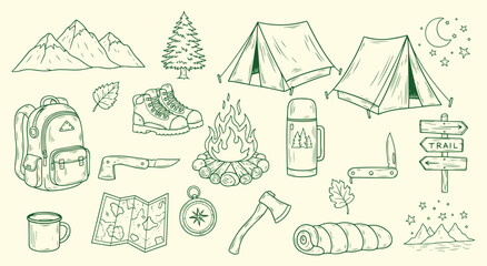 Fototapeta premium Camping Icon Set. Green hand drawn vector illustration of outdoor and hiking elements. Adventure graphic doodle clipart of a tent, campfire, and mountains for nature and travel design.