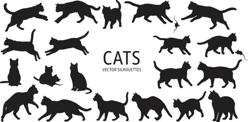 Black cat silhouettes, walking running sitting poses, pet feline vector collection, isolated animal illustration, hunting jumping cats, transparent background art