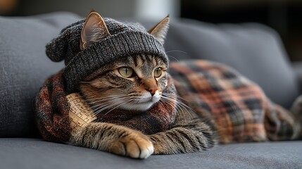 Tabby cat wearing a hat and plaid blanket.