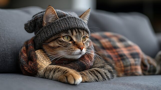 Tabby cat wearing a hat and plaid blanket.