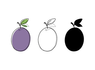 Plum, prune, vector line illustration, contour, silhouette, hand-drawn, flat design. A set of different fruit icon elements for decoration, design, label, logo