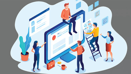 Business team collaborating on web development project. Isometric vector concept.
