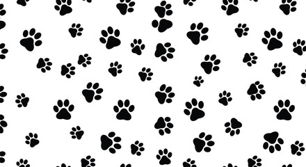 Black paw print seamless pattern, pet footprint background, animal trail design, cute dog and cat paw vector repeat texture