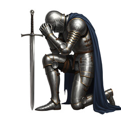 Naklejka premium Knight in armor praying with sword isolated on white or transparent background. PNG