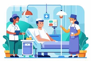 Nurses caring for a patient in a hospital room with medical equipment