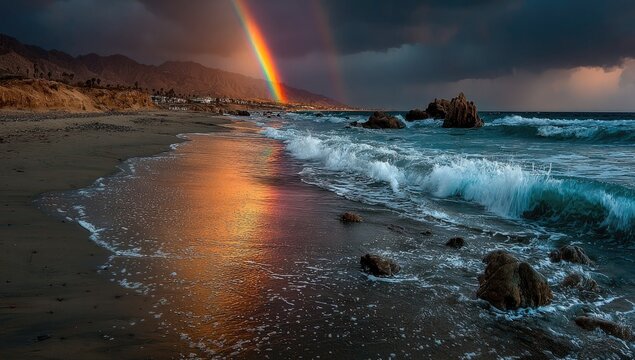 Dramatic coastal sunset with rainbow and stormy clouds - Powered by Adobe