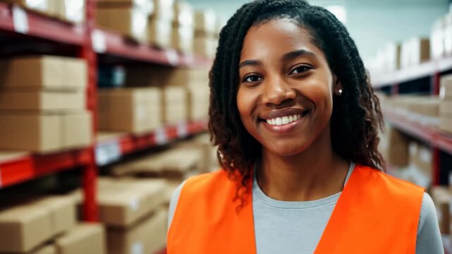 Young smiling African American woman working in a postal service warehouse. Smiling while working, she ensures all parcels are ready for timely shipment.