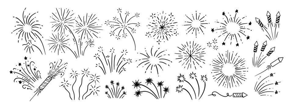Hand drawn fireworks. Doodle festive explosion. Sketch line celebration sparks, festival lights, party fireworks elements. Explosive swirls, dots. Vector set
