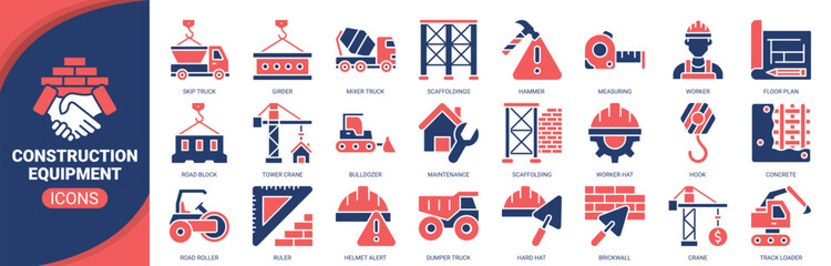 Construction equipment icon set. Containing icon of construction, tower crane, bulldozer, floor plan, crane and more. Solid vector icons collection.