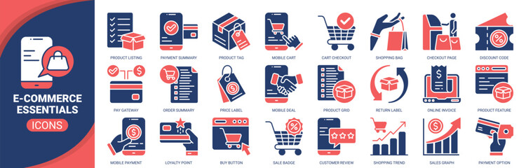 E-commerce essentials icon set. Containing icon of online store, shopping bag, sales graph, mobile payment, checkout page and more. Solid vector icons collection.