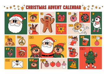 Christmas stickers. New Year advent calendar. Festive countdown with cute holiday illustrations. Decorating gift planner with groovy Santa Claus, snowmen, reindeer. Vector concept