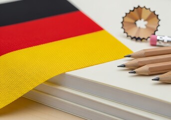 Learning German Language: Books, Pencils, and Flag Symbolizing Education and Culture Study.